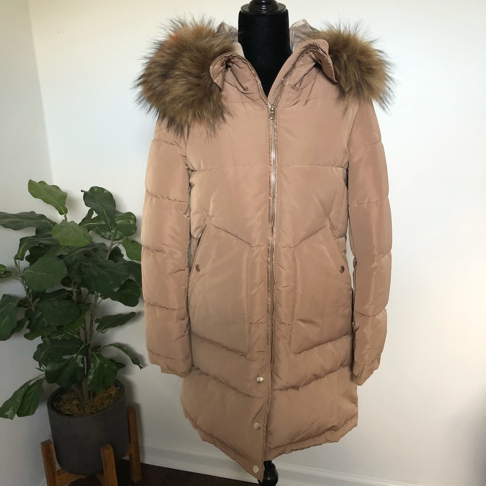 Molly Bracken Women’s Puffer Coat light tan fur hood jacket Size small
